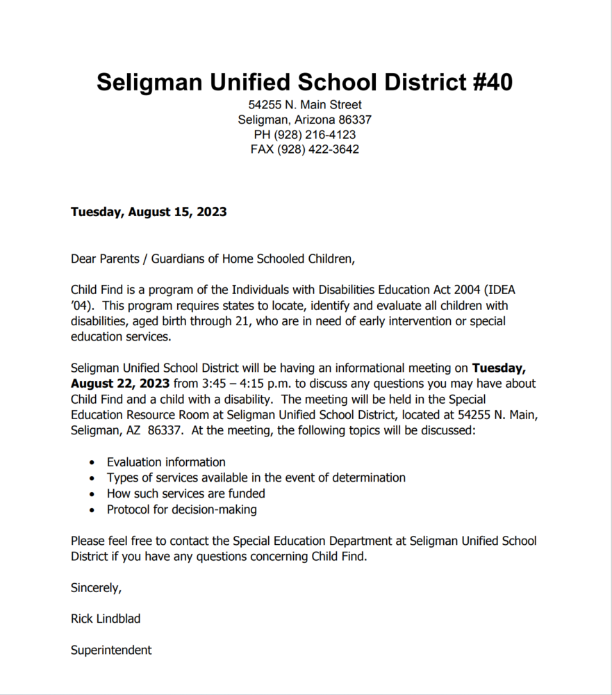 letter about Home School